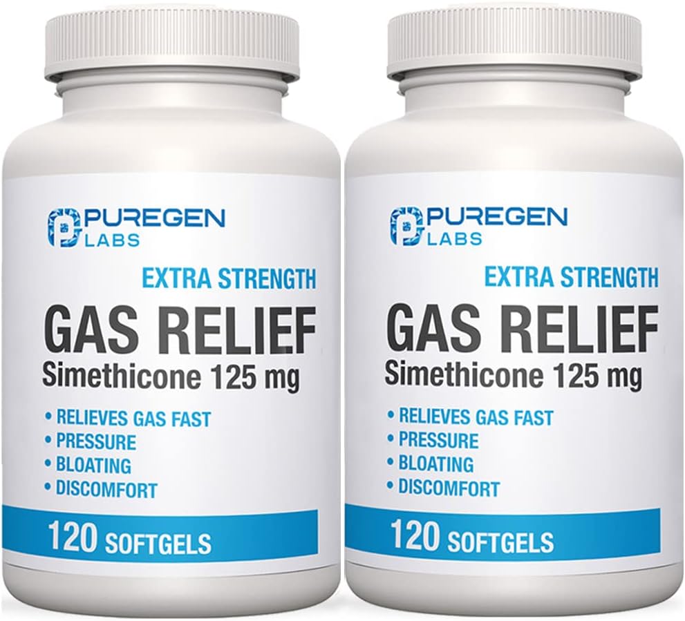 P Puregen Labs Extra Strength Gas Relief Softgels with Siméthicone 125 mg de softgels – 2 packs Total 240 Softgels