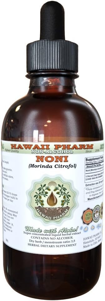 Noni Extrait liquide sans alcool, noni organique (Morinda citrifolia) Supplément à base de plantes glycérites séchées, Hawaii Pharm, États-Unis 2 fl.oz