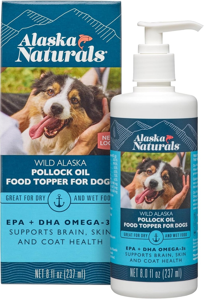 Sustainable Wild Alaskan Fish Oil for Dogs Skin and Coat – EPA + DHA Omega 3 Oil - Fatty Acids Dog Supplements - Support Fur Coat and Brain Health - Natural Liquid Food Topper for Pets – 8 oz. Pump