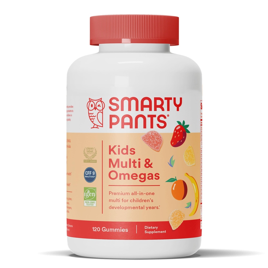 SmartyPants Enfants Multivitamine Gommies: Omega 3 Huile de poisson (EPA/DHA), Vitamine D3, C, Vitamine B12, B6, A, K & Zinc pour le soutien immunitaire, Biotine, Sans gluten, Trois arômes de fruits, 120 Compte (30 jours)