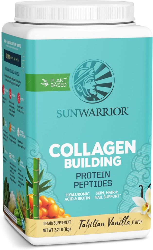 Sunwarrior Collagen Peptides Building Poudre de colle Vegan pour les femmes en poudre de protéines à base de plantes Acide hyaluronique, Biotine, Silice, Vitamine C pour la peau des cheveux et les ongles
