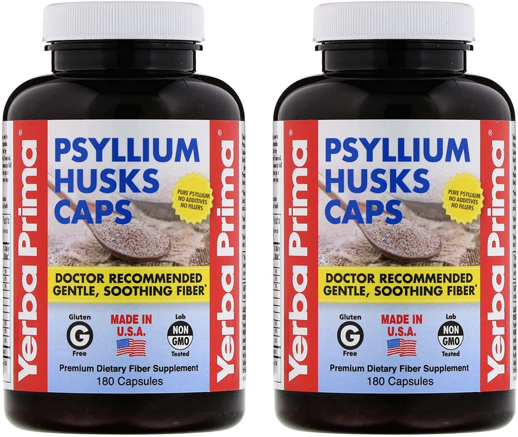 Yerba Prima Psyllium Housses Casquettes 180 capsules (paquet de 2) - Supplément de fibre naturelle et nettoyage des colonies - Santé des Gut - Non-OGM Sans gluten