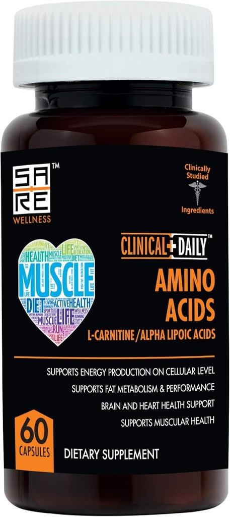 CLINIQUE DAILY acétyl L Carnitine - Alpha Lipoic Essential Amino Acides Suppléments Capsules pour femmes, hommes ou personnes âgées- Le complexe ALCAR ALA aide à stimuler le métabolisme, le cerveau, le coeur et la santé musculaire- 60 pilules