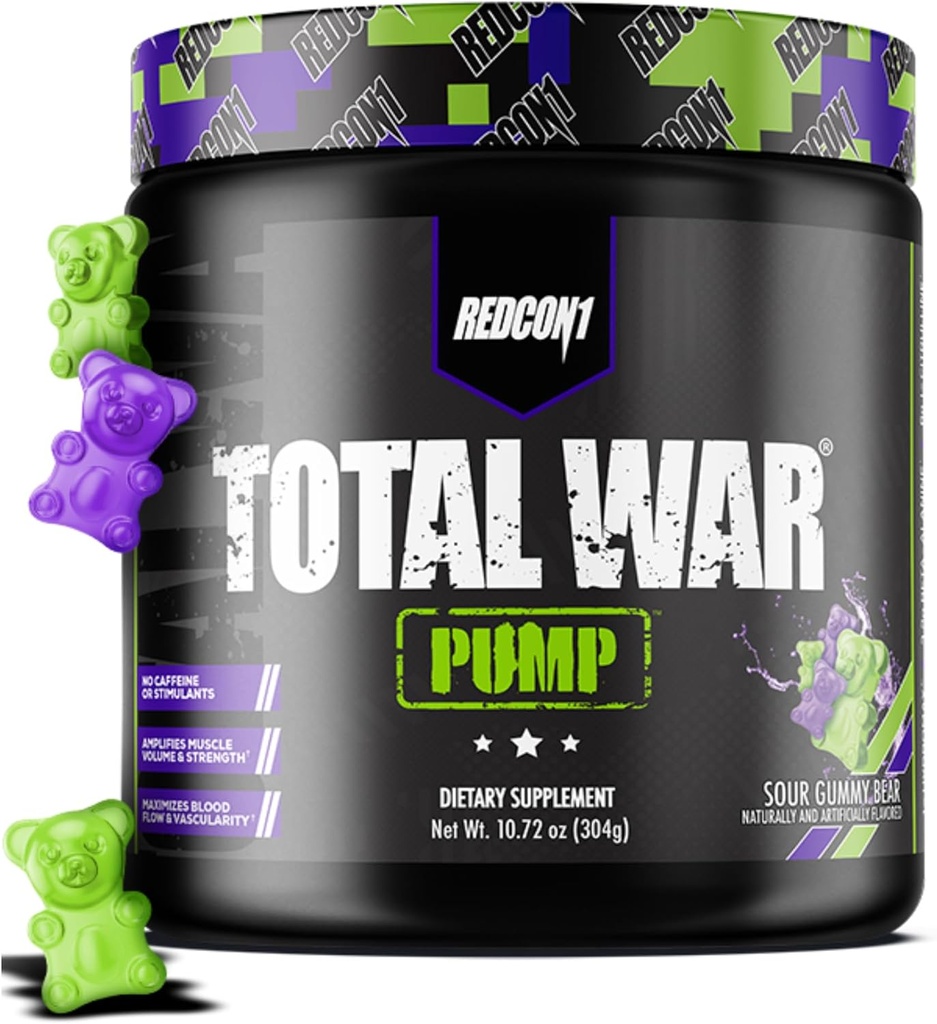 REDCON1 Poudre de pré-entraînement sans Stim et caféine pour les femmes et les hommes - Pompe de guerre totale - avec L-Citrulline, Beta Alanine et plus - entraînement à tout moment de la journée - Sour Gummy Bear (10.72 oz)
