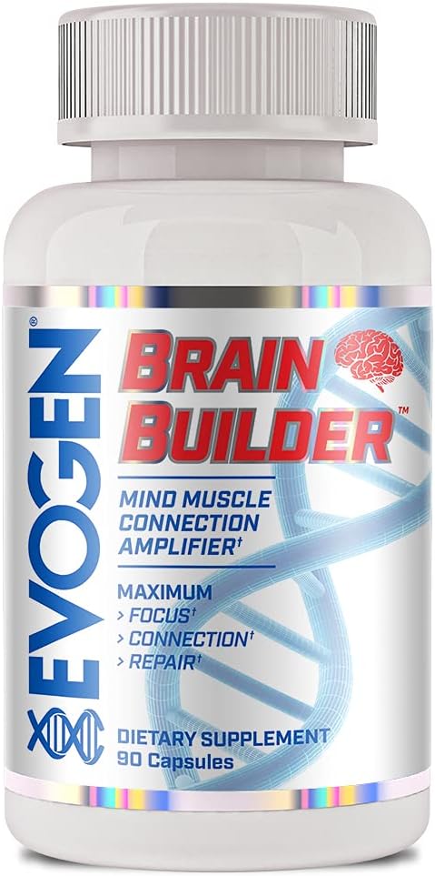 Evogen Brain Builder - Amplificateur Mind-Muscle Connection (Muscle Connection Amplifier) Boosts Focus, Concentration, & Connection (Lions Mane, Bacopa Monnieri, Alpha-GPC) 90 Capsules