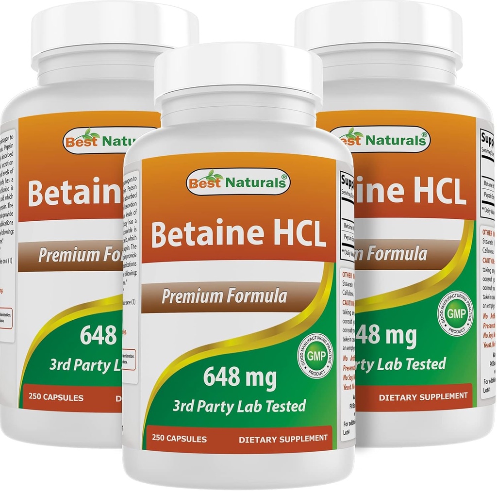 Best Naturals Betaine HCL 648 mg 250 Capsules (250 Nombre (paquet de 3))