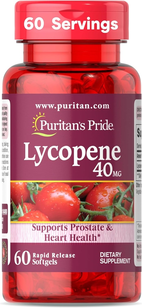 Puritan's Pride Premium Lycopene 40mg, supplément alimentaire pour la prostate, l'antioxydant, la santé cardiaque, et le soutien sanitaire global, 2 mois d'approvisionnement, 60 softgels à libération rapide