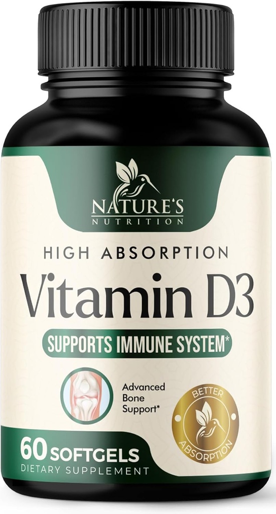 Vitamin D3 Supplement 5000IU (125 mcg) - Extra Strength Vitamins D-3 Dietary Softgels for Bone, Teeth, Muscle Health & Immune Support, Rapid Absorbtion Mini D Softgel, Non-GMO, Gluten Free - 60 Count