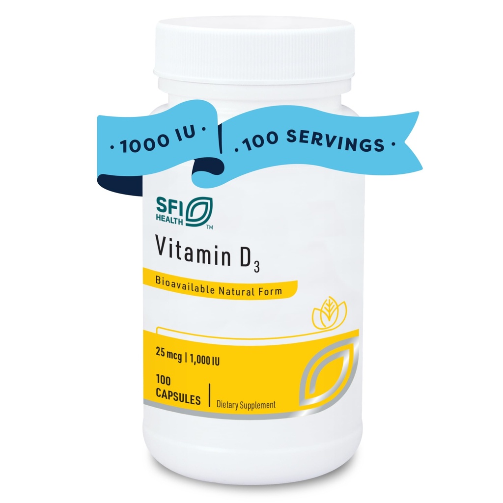 Klaire Labs SFI Santé Vitamine D3 1000 UI - Haute puissance 25 microgrammes, os hypoallergéniques et soutien immunitaire (100 capsules)