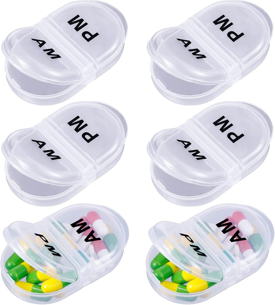 6 Pack Pill Organizer Pocket Small Case Holder Am Pm Pill Case Portable Two Compartment Round Travel 2 Times a Day for Vitamin Medication Supplement(Clear)