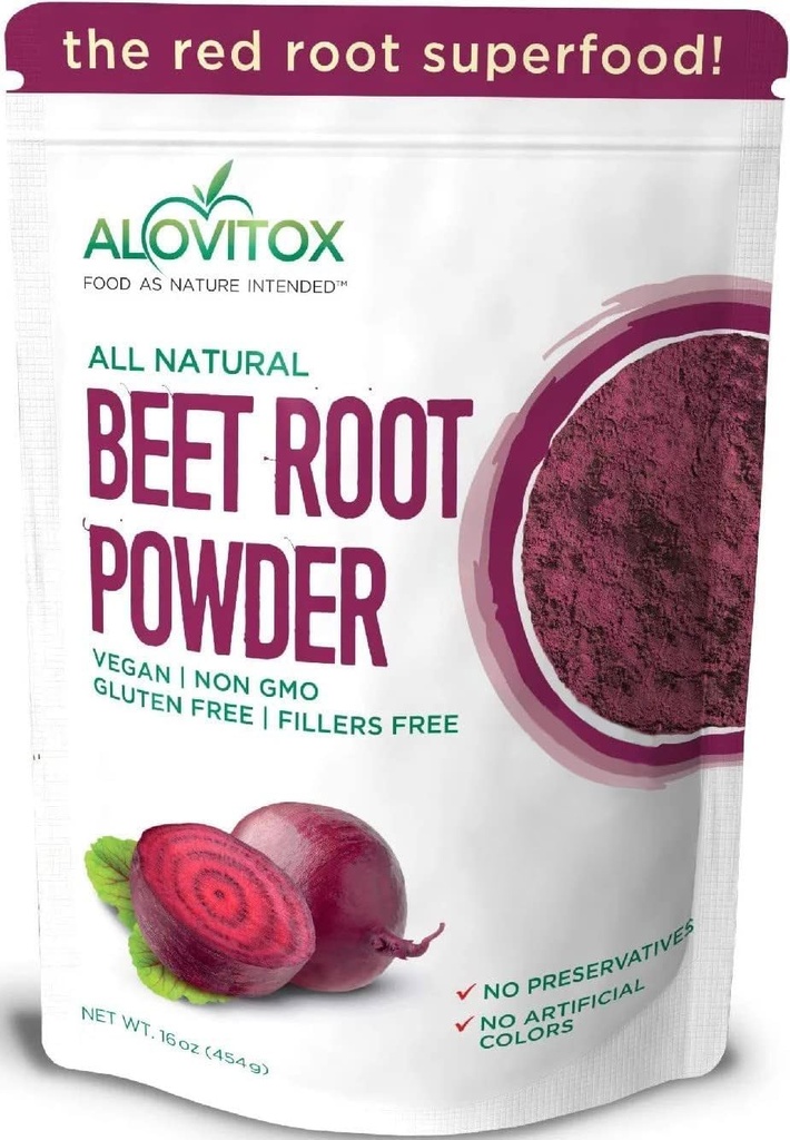 Alovitox poudre de racine biologique de betteraves à 100% extrait de racine de betterave fraîche à l'oxyde nitrique Superfood, élevé en calcium, fer, potassium et folate.