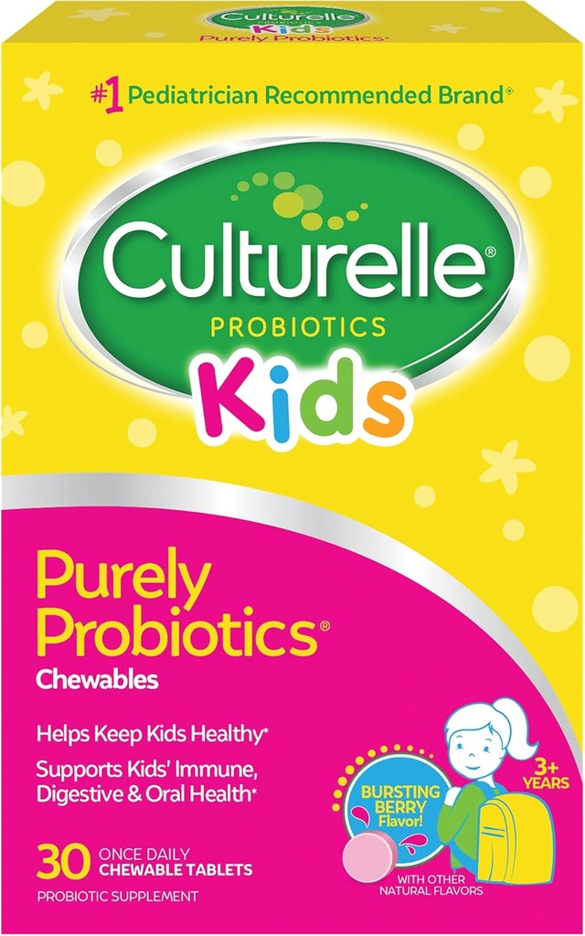Culturelle Kids Chewable Daily Probiotic pour les enfants, 3+ ans, 30 ans Compte, #1 Marque recommandée par les pédiatres, Probiotiques quotidiens aromatisés naturels pour la santé digestive, les soins buccodentaires et le soutien immunitaire