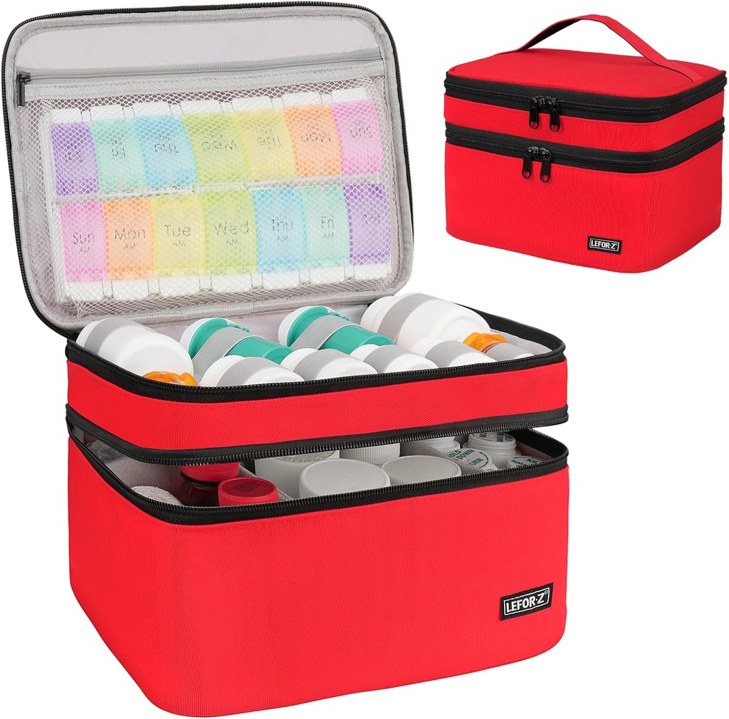 Sac de stockage de médicaments, Double couche Pill Organizer Sac vide avec fermeture à glissière et séparateur réglable, Sac de transport de médicaments pour pilules, Vitamines, fournitures médicales, Rouge
