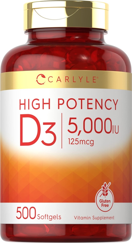Carlyle Vitamine D3 5000 UI Softgels (en anglais seulement) 500 Compte (en anglais seulement) Taille de la valeur (en anglais seulement) Supplément sans OGM et sans gluten (en anglais seulement)