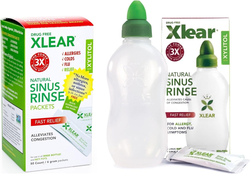 Xlear Natural Xylitol Sinus Rinse Recharge, Neti Pot Saline Packets - Nettoyeur de nez pour le soulagement rapide de la pression et de la congestion, fonctionne avec la plupart des systèmes d'irrigation nasale, 50 Compte et 1 bouteille de rinçage
