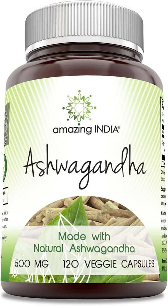 Inde incroyable Supplément Ashwagandha $ 500 Mg par service $ 120 Capsules de légumes $ Non-GMO $ Sans gluten $ Fabriqué aux États-Unis $ Idéal pour les végétariens