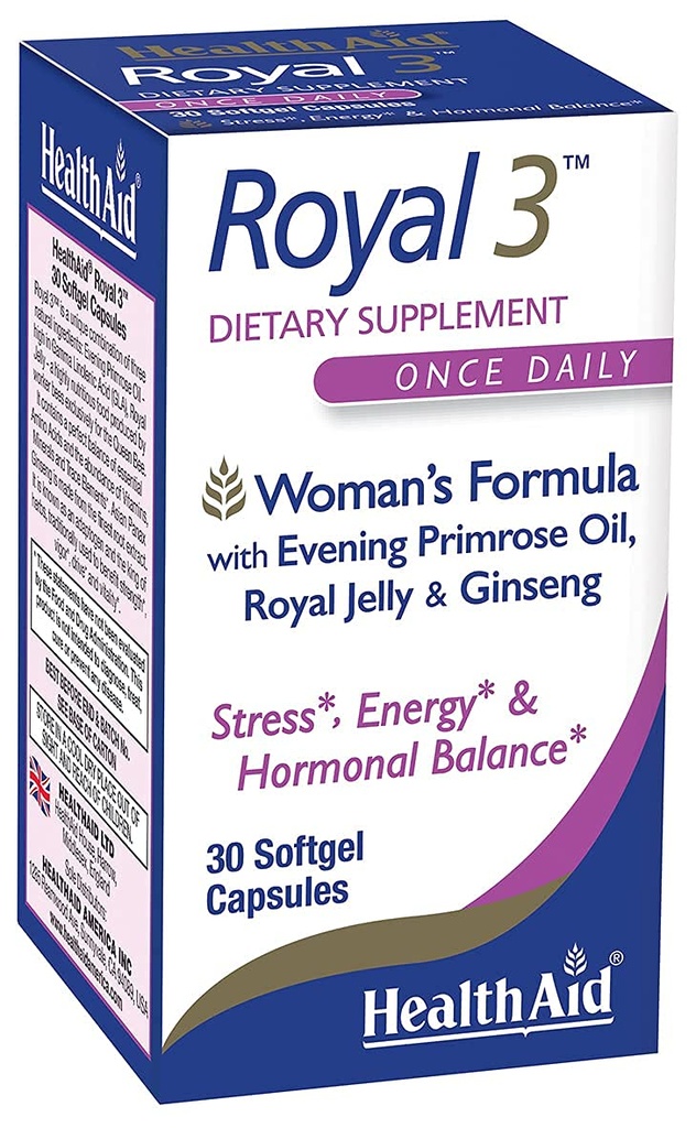 HealthAid Royal 3, avec l'huile de Primrose du soir, gelée royale, ginseng, une fois par jour, 30 capsules