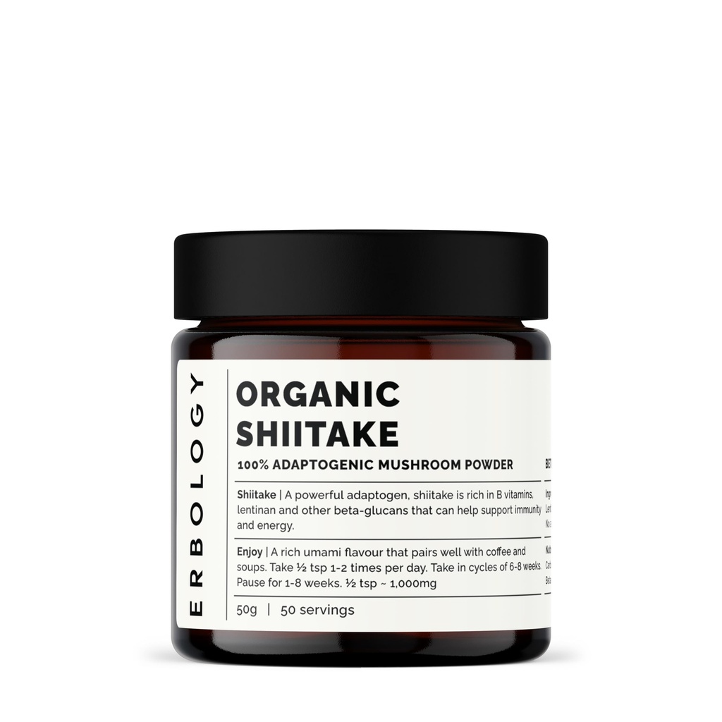 Erbologie Poudre de champignons chiitake biologique 50 portions - 11% Beta-glucanes - Immunité et énergie - Édodes de Lentinula - Petit lot - Croissance durable en Europe - Vegan - Non-OGM - Pas de remplissage ajouté