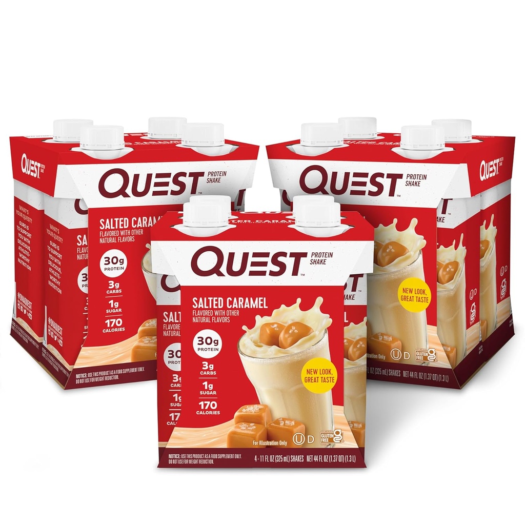 Quest Nutrition Prêt à boire Secoue de protéines de caramel salé, 30g de protéines, 3g de glucides nets, sans gluten, Keto Friendly, 11 fl.oz 4 Compte(paquet de 3)