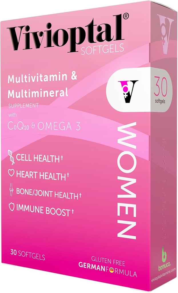 Vivioptal Femmes, 30 Capsules, CoQ10 et Omega-3, Multivitamine et multiminérale, sans gluten, formule allemande