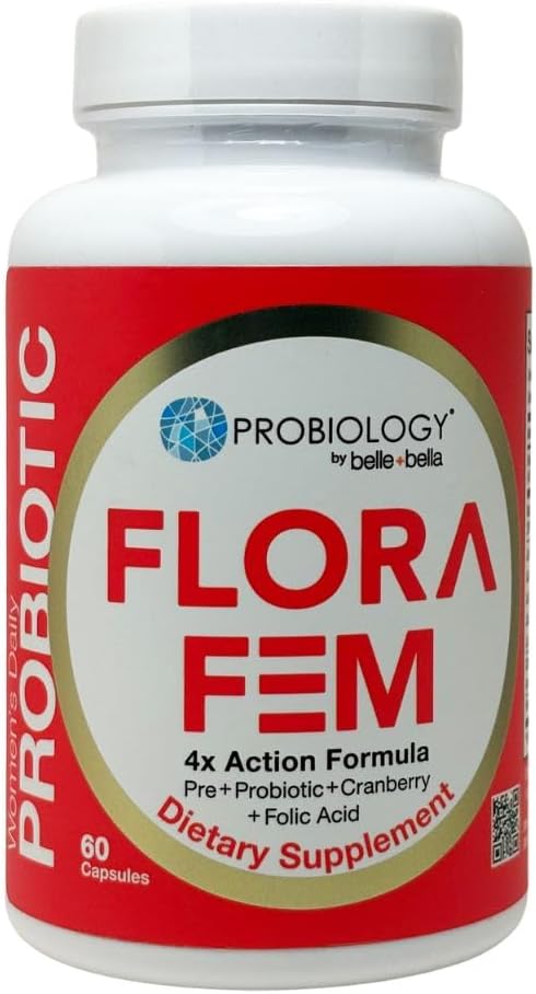 Belle+Bella Probiology Flora Fem - Probiotiques quotidiens pour les femmes - 4X Action Prébiotique + Probiotique + Cranberry + Acide folique pour la santé digestif, urinaire, génésique et vaginale - 60 capsules