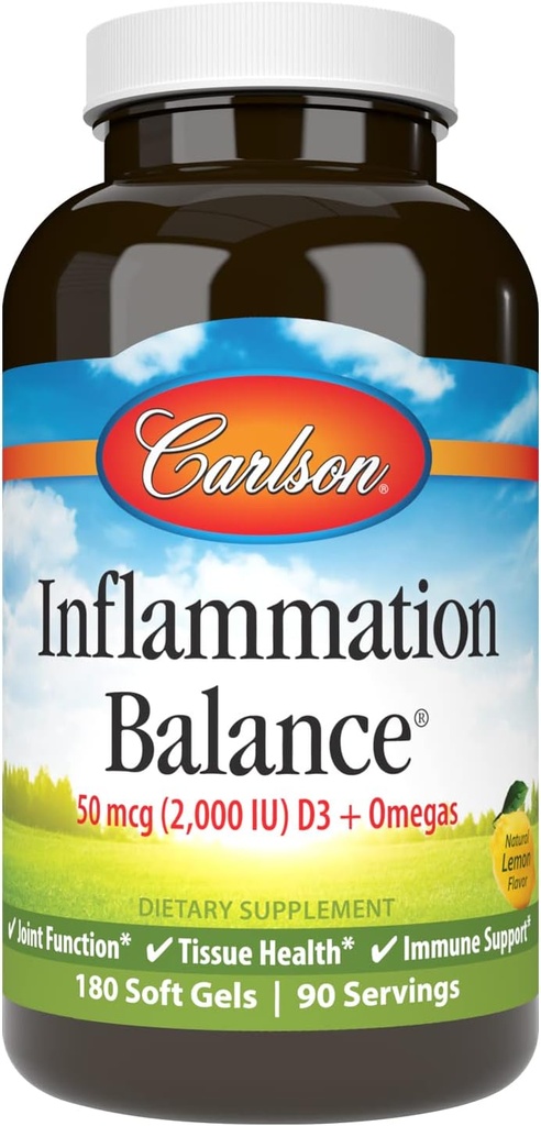 Carlson - Balance d'inflammation, rapport Oméga-3 et Oméga-6 équilibré, avec D3, Norvégien, supplément d'huile de poisson sauvage avec acides gras, capsules d'huile de poisson d'origine durable, 180 Softgels