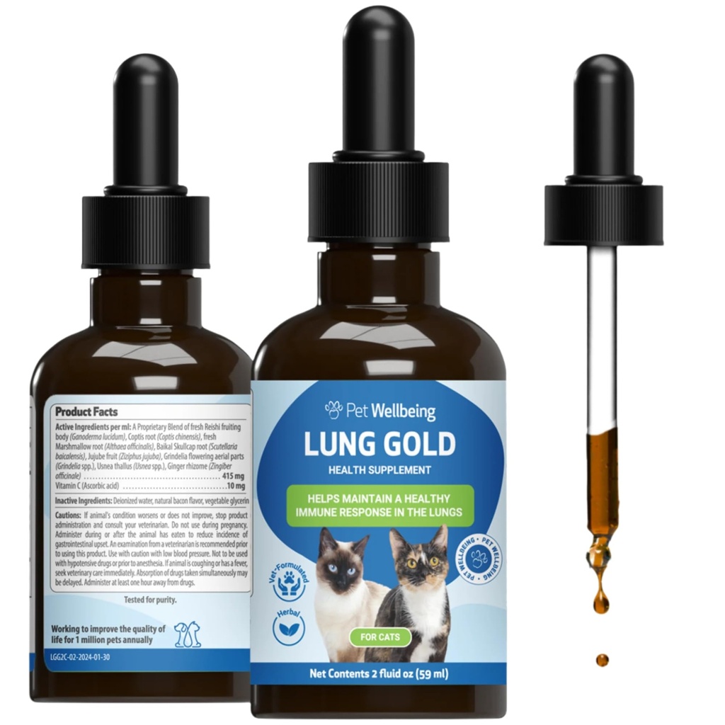 Bien-être animal Lung Gold pour chats - Soutien immunitaire pulmonaire, santé respiratoire inférieure, Open Airways, respiration normale, Reishi, Coptis - Supplément à base de plantes vétérinaires - 2 oz (59 ml)