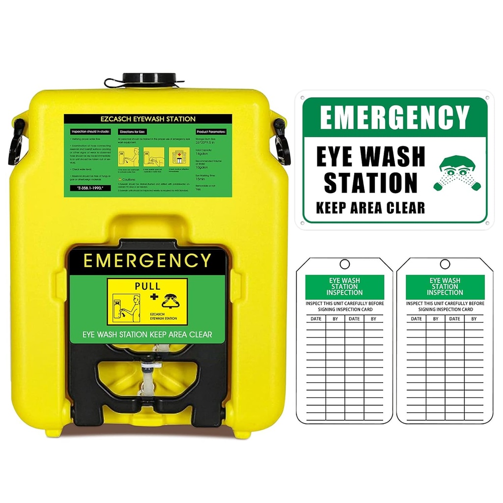 Portable Eyewash Station 14-gallon OSHA approuvé avec une enseigne de station et deux étiquettes d'inspection, murale Gravity-Flow Indoor and Out, 53L Rechargeable Eyewash Station Heavy Duty, Jaune
