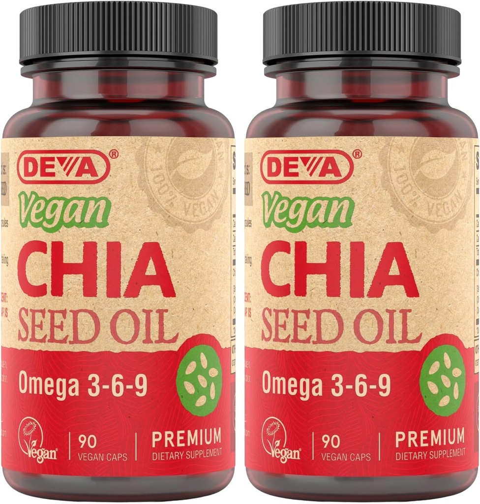 DEVA Vitamines végétales Huile de graines de chia, emballée avec Omega 3, 6, 9 et autres acides gras essentiels, pressés à froid et non raffinés, 90 capsules, (paquet de 2)