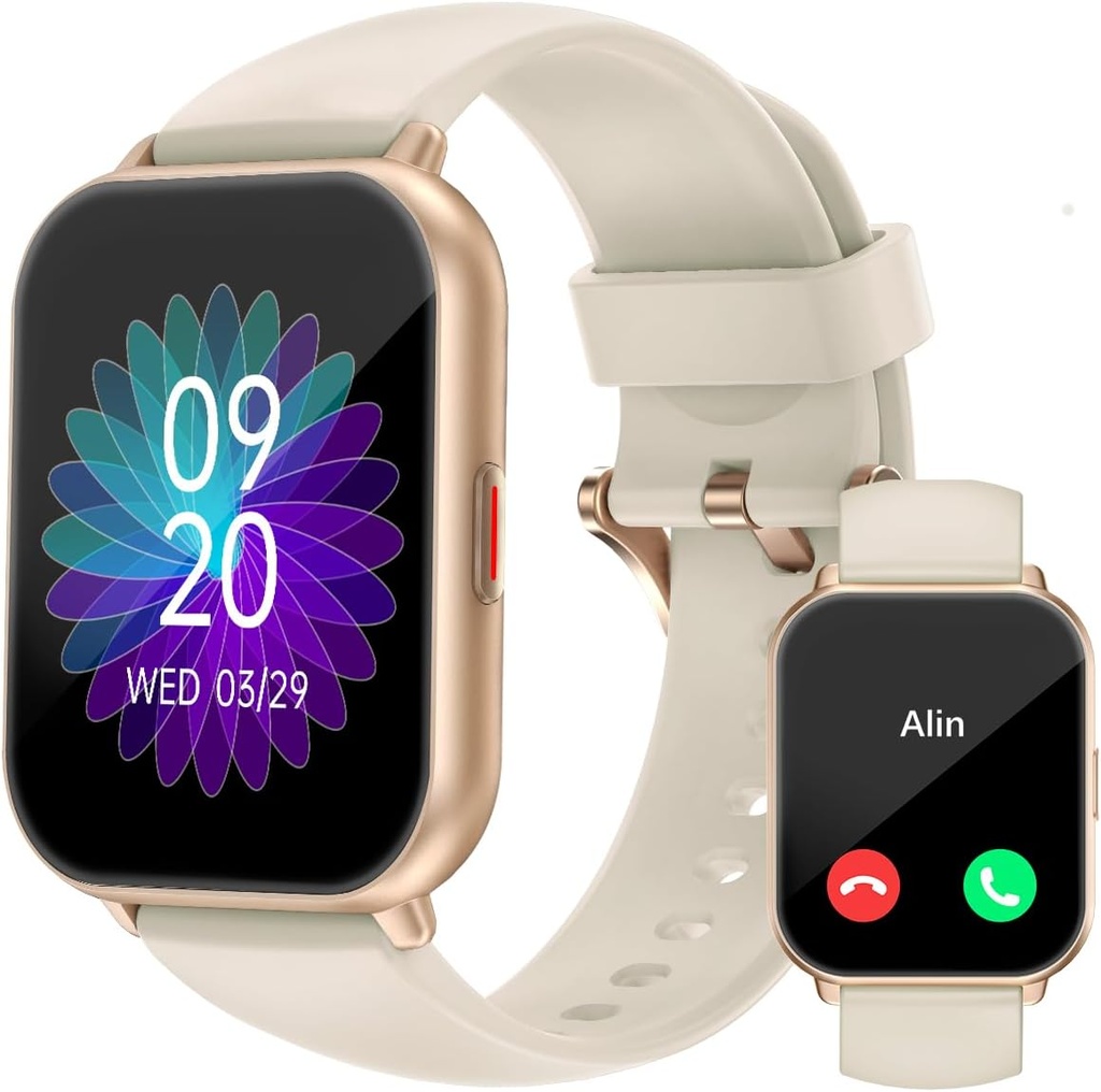 Montres intelligentes RUIMEN pour femmes hommes (Réponse/Faites des appels, 2 bandes incluses), Smartwatch 1.8" pour téléphones iOS/Android, Fitness Tracker Heart Rate/Sleep Monitor Montre numérique étanche Blanc