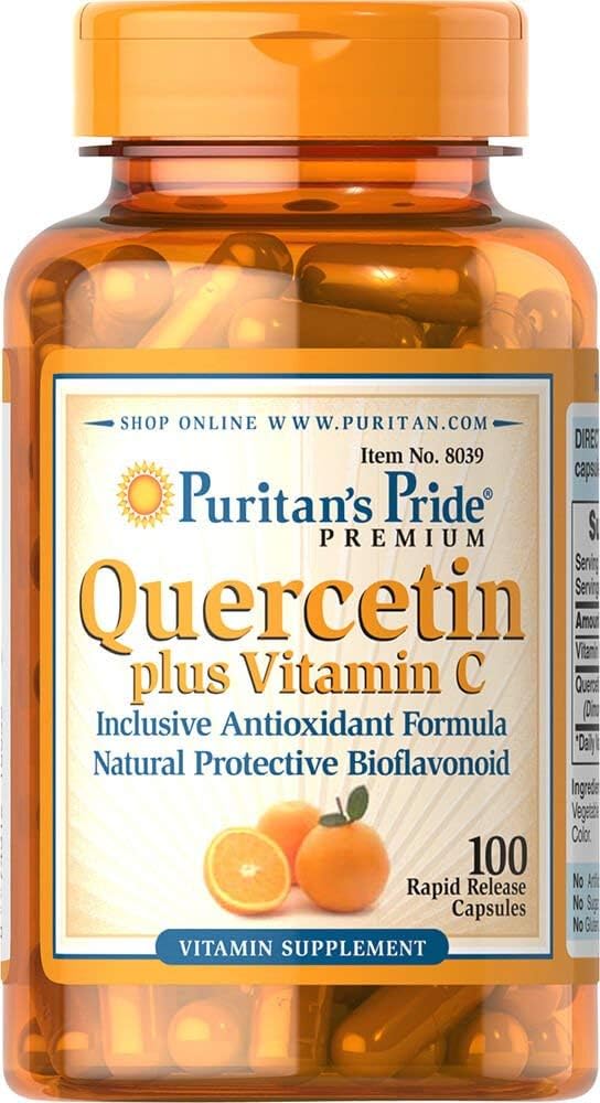 Puritan's Pride Premium Quercetin Dihydrate Plus Vitamine C 1400mg, supplément diététique pour un système immunitaire sain, le cœur et le soutien de la santé globale, 100 capsules à libération rapide