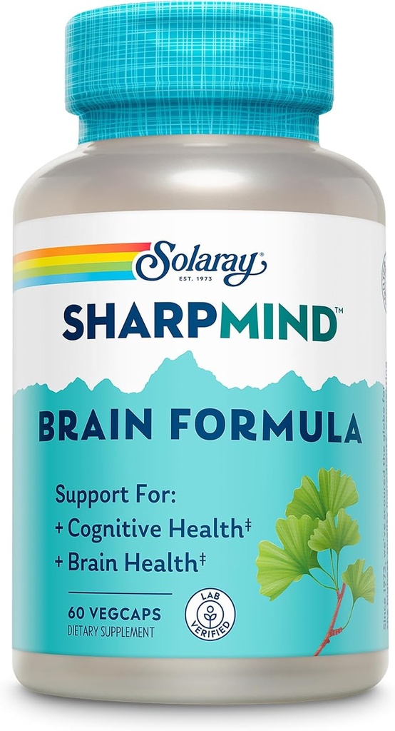 SOLARAY SharpMind Formule de soutien au cerveau - Suppléments Cerveau Nootropique - Soutien Cognitif et Santé du cerveau avec Ginkgo Biloba - Garantie de 60 jours, 60 portions, 60 VegCaps