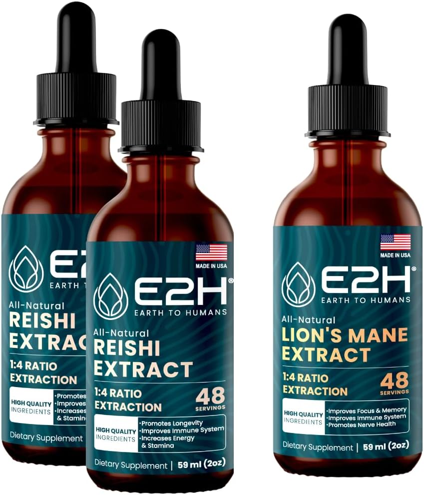 E2H: Reishi (2 Pack) & Extraits de la Mane de Lion - Énergie, Longévité, Sharpness cognitive, Immunité - Non-OGM, Vegan - 2 Fl Oz Chacun (6 Fl Oz Total) - Ensemble