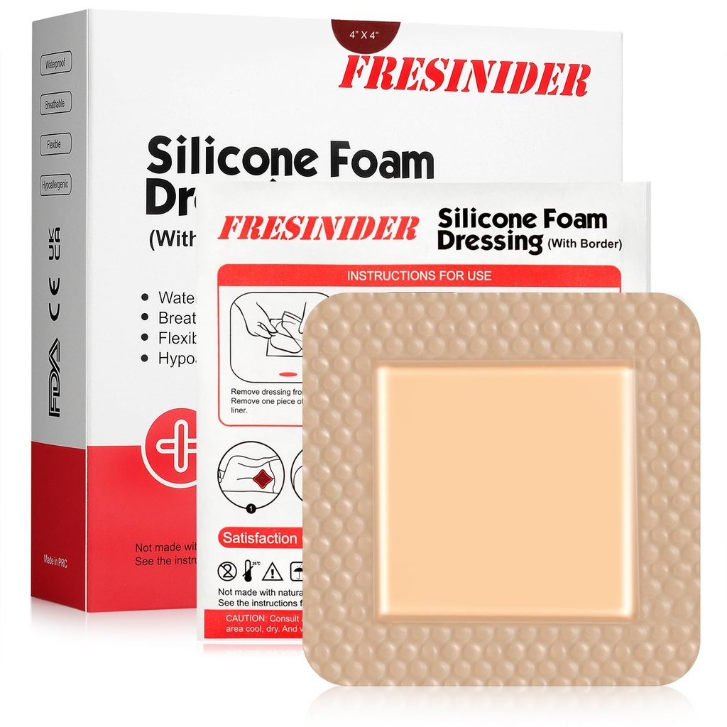 FRESINIDER Mousse en silicone Dressing with Adhesive Border – Bandage de la Mousse en silicone – Paquet de 10 – 4 x 4 pouces Grandes bandes imperméables – Soins autocollants et habillages