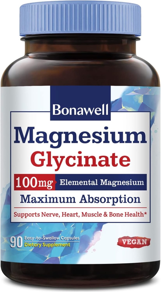 Bonawell Magnésium Glycinate, Supplément de magnésium chélaté, Biodisponibilité maximale et absorption, Sans gluten, 100mg Magnésium élémentaire, Nerve, Coeur, Santé musculaire et relaxation, 90 Capsules Vegan