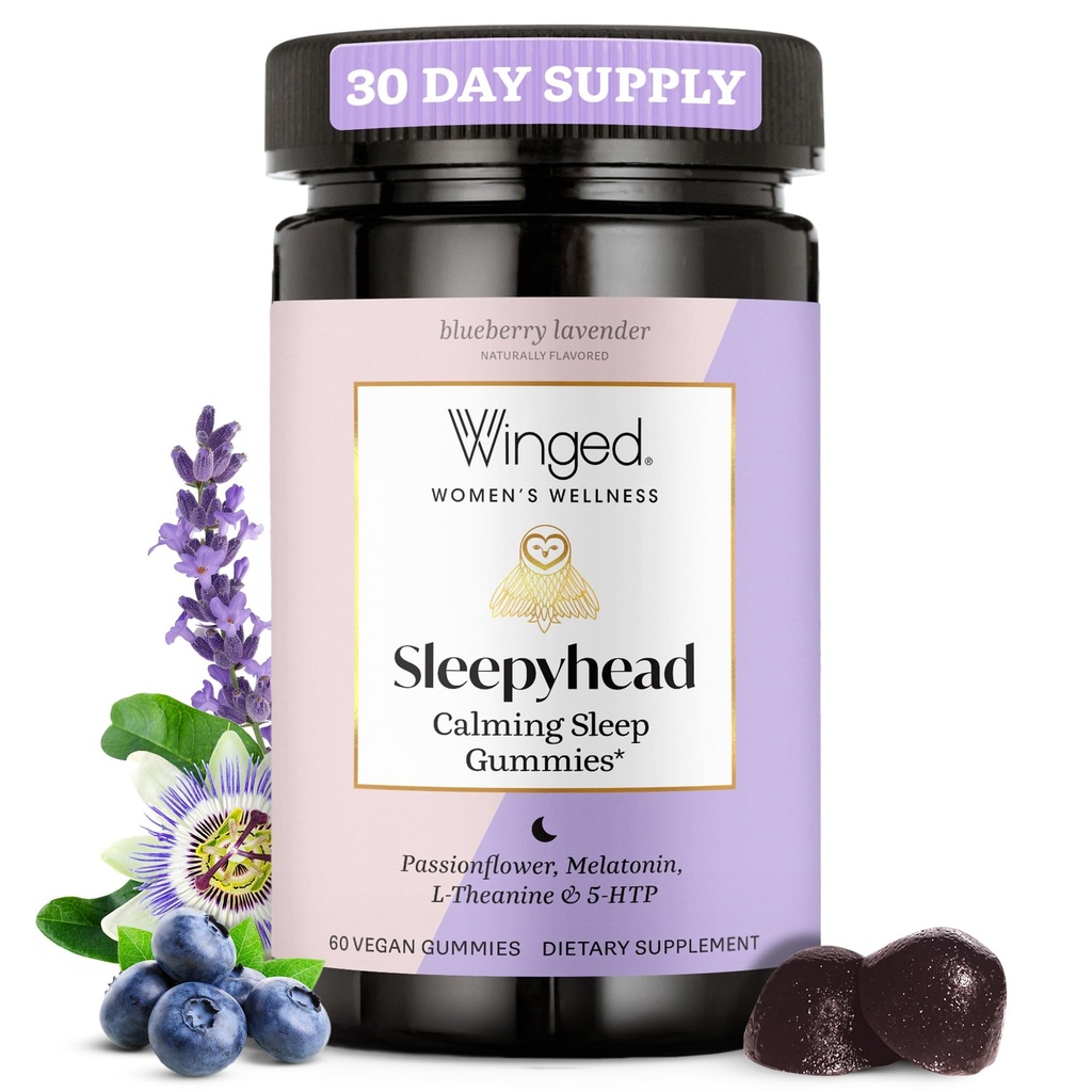 Bien-être ailé Sleepyhead Gommies de sommeil naturels pour les femmes - Aide au sommeil primaire pour les adultes avec 3mg Melatonin, L-Theanine, 5-HTP - Blueberry Lavender Aromatisé - 30 portions