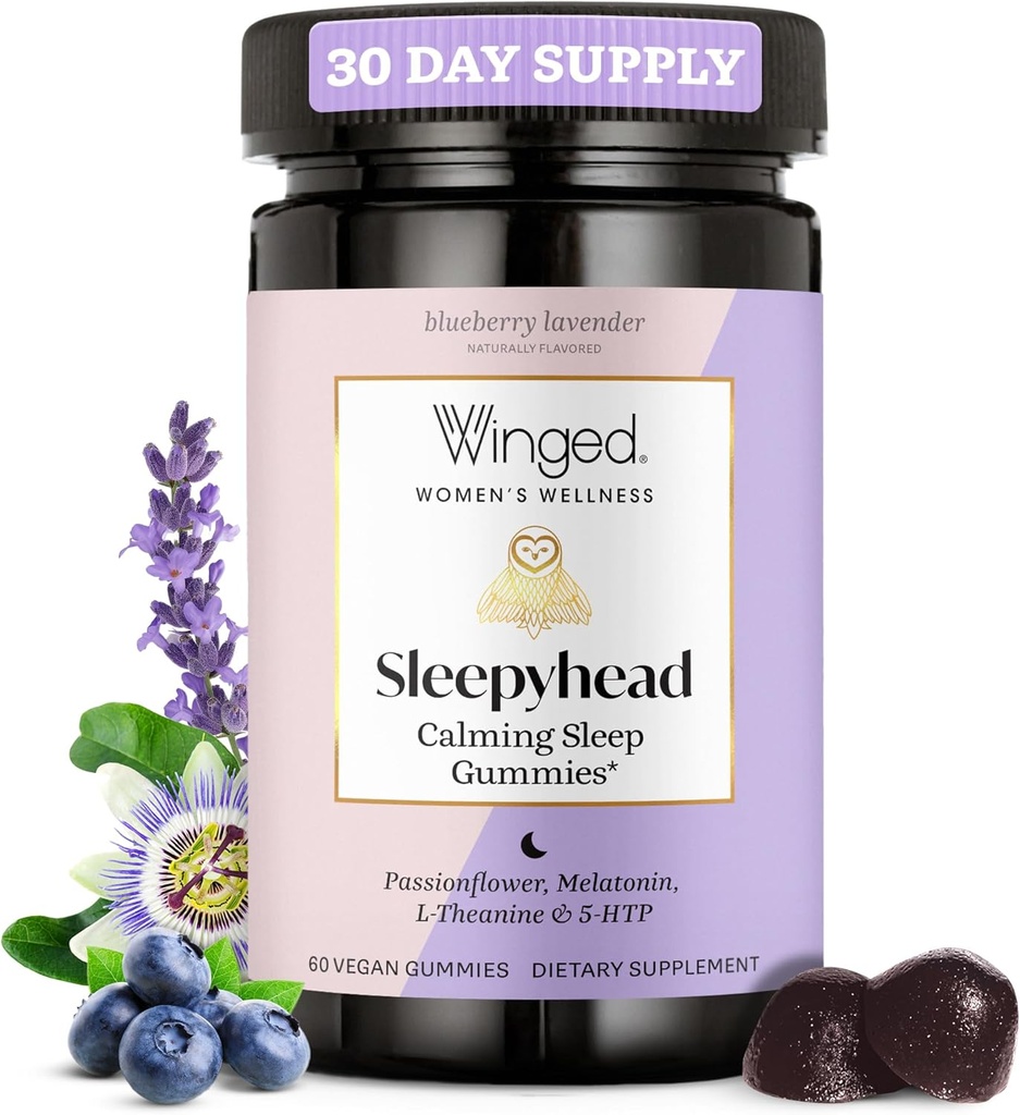Bien-être ailé Sleepyhead Gommies de sommeil naturels pour les femmes - Aide au sommeil primaire pour les adultes avec 3mg Melatonin, L-Theanine, 5-HTP - Blueberry Lavender Aromatisé - 30 portions