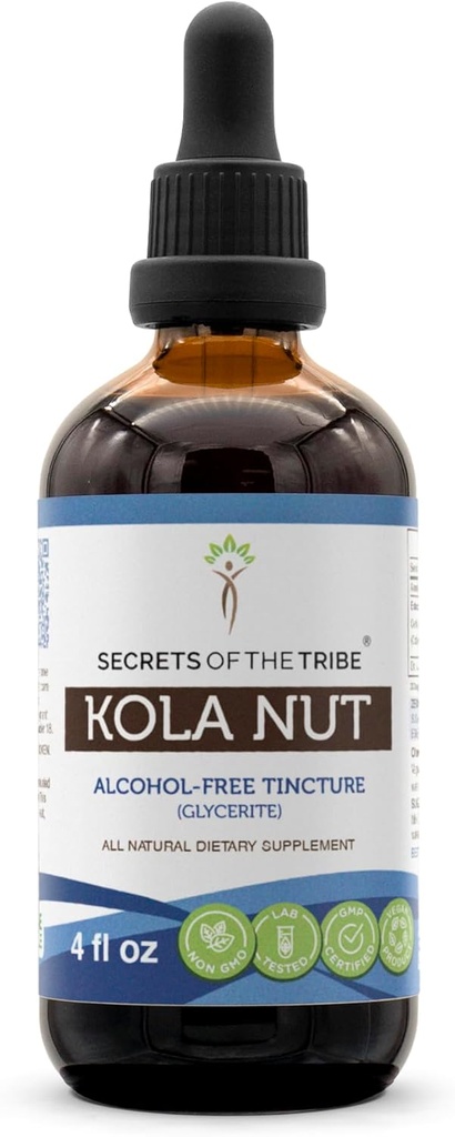 Secrets de la Tribe Kola Nut Tecture Extrait sans alcool, Kola Nut (Cola Acuminate) Nut séché (4 FL OZ)