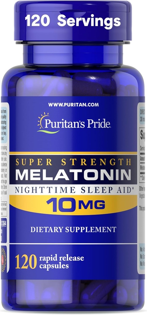 Puritan's Pride Premium Super Strength Melatonin 10mg aide au sommeil, complément alimentaire pour le son, le repos et le sommeil plus long, 4 mois d'approvisionnement, 120 capsules de libération rapide (paquetage mai vary)