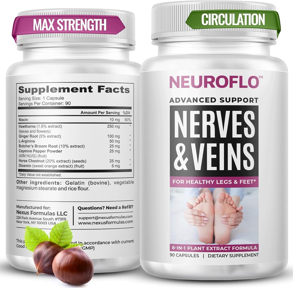 Supplément de Circulation des Jambes Mizzle - Supporte Nerves, Veines de 1470mg, 8 en 1 Capsule de Châtaigne, Diosmin, Hawthorn pour un soulagement maximal dans les orteils, les pieds, les chevilles, les veaux, les jambes - Neuroflo