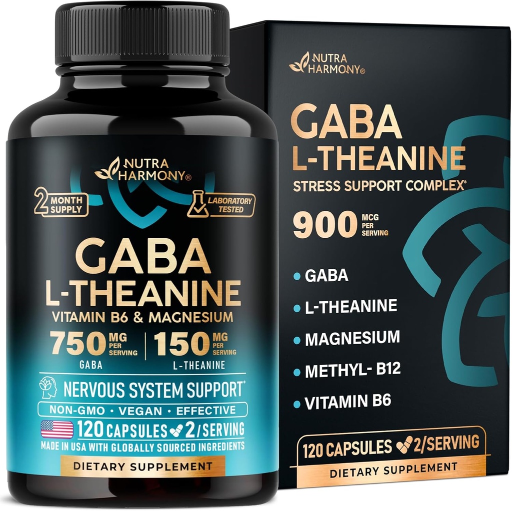 GABA L-Theanine 900 mg - Fabriqué aux États-Unis - Magnésium - Vitamine B6 - Calme, Sommeil, Relaxation et Support de l'humeur - 750 mg Gamma AminoAcide butyrique, 150 mg L-Theanine - Forme non-habitante, Vegan - 120 Capsules