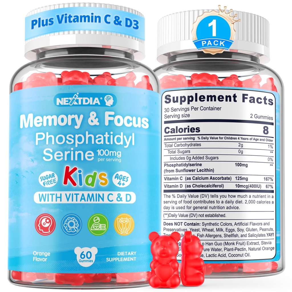 Supplément Phosphatidylsérine 100mg, Gommies de foyer pour les adolescents + Vitamine C & D3 400UI, Gommies de cerveau sans sucre pour enfants Augmenter l'attention et la concentration, à mâcher, végétalien, sans gluten, sans OGM 60Cts