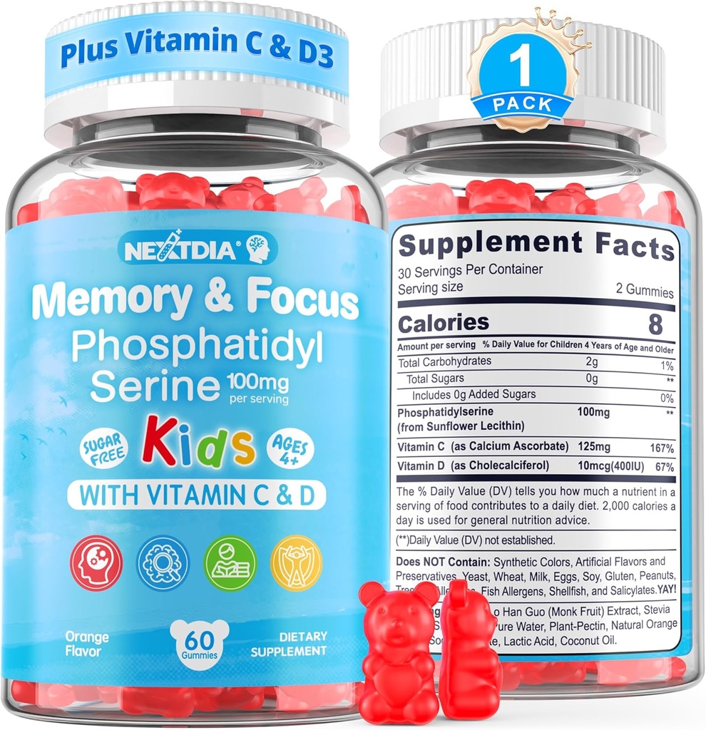 Supplément Phosphatidylsérine 100mg, Gommies de foyer pour les adolescents + Vitamine C & D3 400UI, Gommies de cerveau sans sucre pour enfants Augmenter l'attention et la concentration, à mâcher, végétalien, sans gluten, sans OGM 60Cts