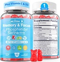 Supplément Phosphatidylsérine 100mg, Gommies de foyer pour les adolescents + Vitamine C & D3 400UI, Gommies de cerveau sans sucre pour enfants Augmenter l'attention et la concentration, à mâcher, végétalien, sans gluten, sans OGM 60Cts
