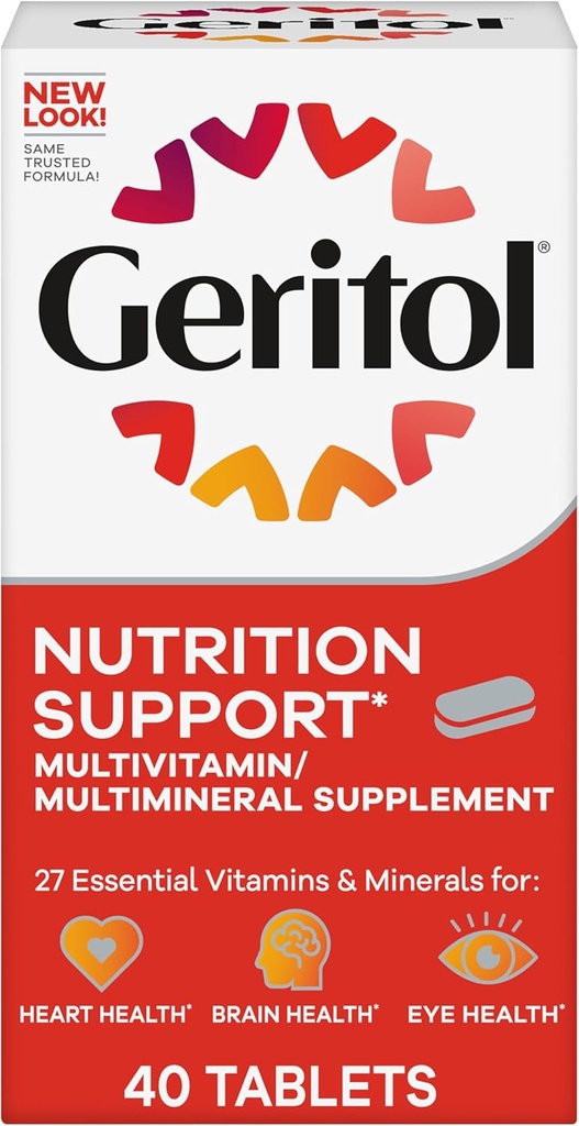 Geritol, supplément multivitamines, contient des vitamines B-vitamines, des antioxydants, des vitamines C, E & D et du fer, 26 vitamines et minéraux essentiels, sans gluten, sans OGM, sans édulcorants artificiels, 40 comprimés