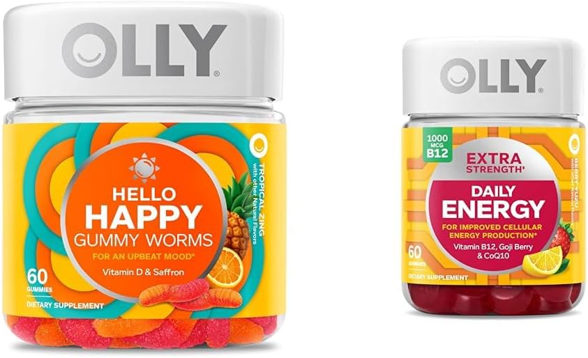 Hello Hello Happy Gummy Worms, Soutien de l'équilibre de l'humeur, Vitamine D, Safran, Supplément à croquer pour adultes et énergie quotidienne supplémentaire Gummy, Sans caféine, 1000mcg Vitamine B12, CoQ10, Goji Berry