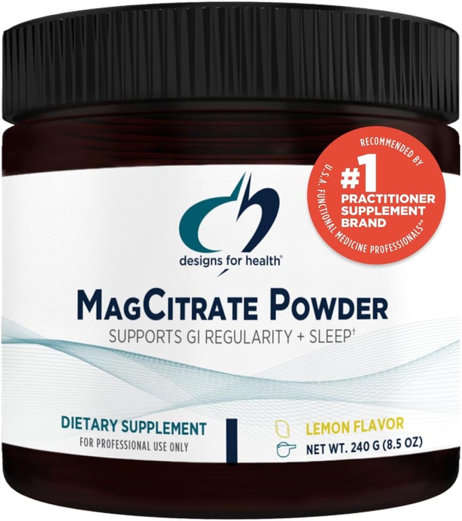 Designs for Health MagCitrate Powder - 300mg Citrate de magnésium en poudre pour soutenir calme + régularité - Sans OGM, sans gluten Mélange de boisson délicieuse Add-in, Saveur de citron (60 portions / 240g)