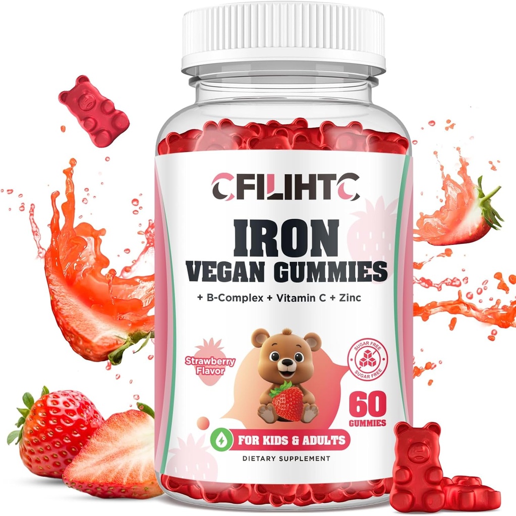 Iron Gummies for Kids, Women & Men, Iron Supplement with Multivitamin - Vitamin B Complex, C, B6, B12, Folate, Zinc for Anemia, Iron Deficiency, Blood Builder, Energy - Strawberry Flavor, Vegan 60ct