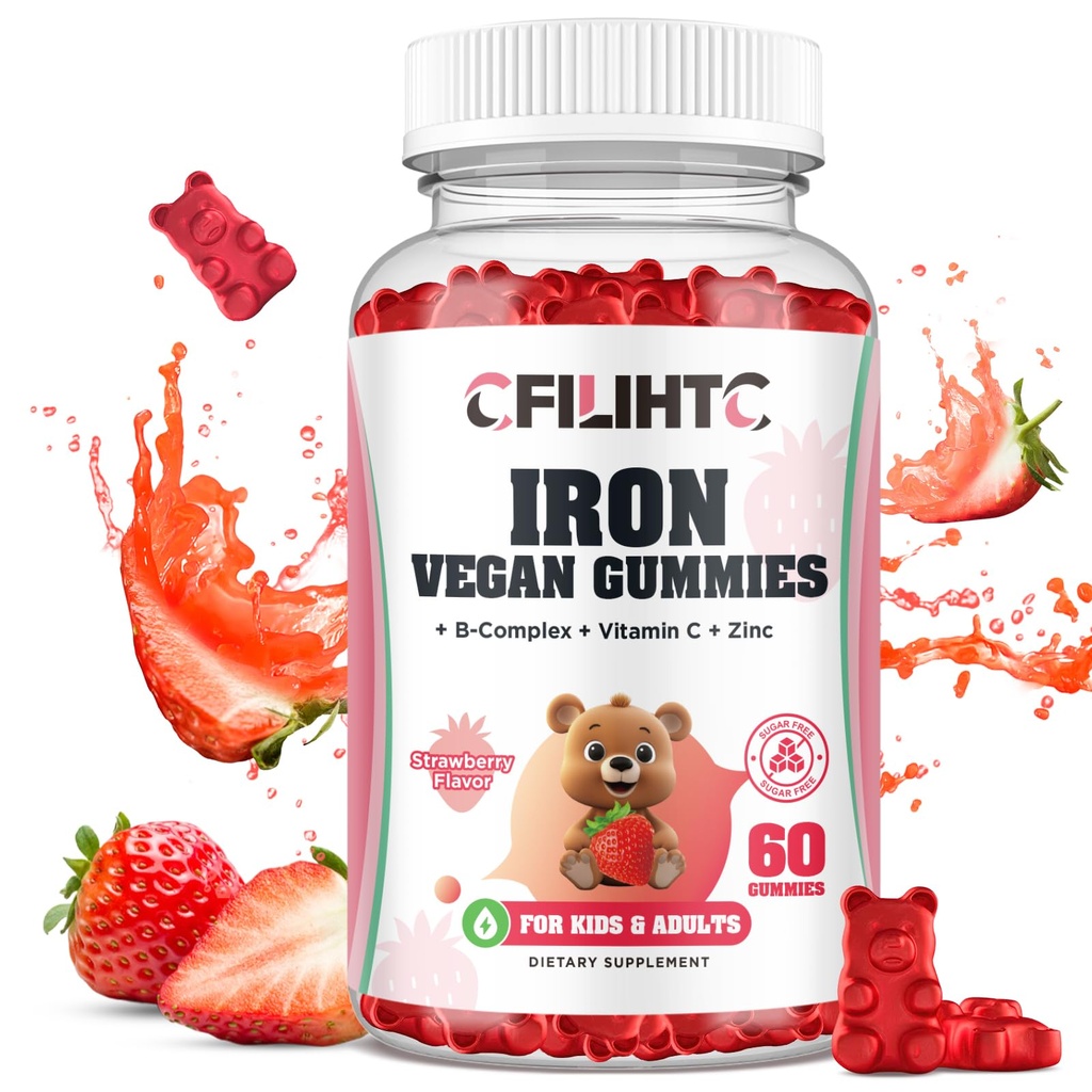 Iron Gummies for Kids, Women & Men, Iron Supplement with Multivitamin - Vitamin B Complex, C, B6, B12, Folate, Zinc for Anemia, Iron Deficiency, Blood Builder, Energy - Strawberry Flavor, Vegan 60ct