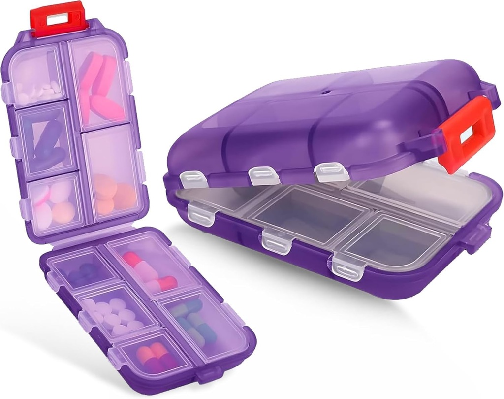 Boîte à pilules de voyage – Organisateur de pilules de voyage – Cas de pilule portable compact avec 10 compartiments – Cas de pilule pour la chasse, poche – Organisateur quotidien durable de pilules pour les vitamines, suppléments (Purple)